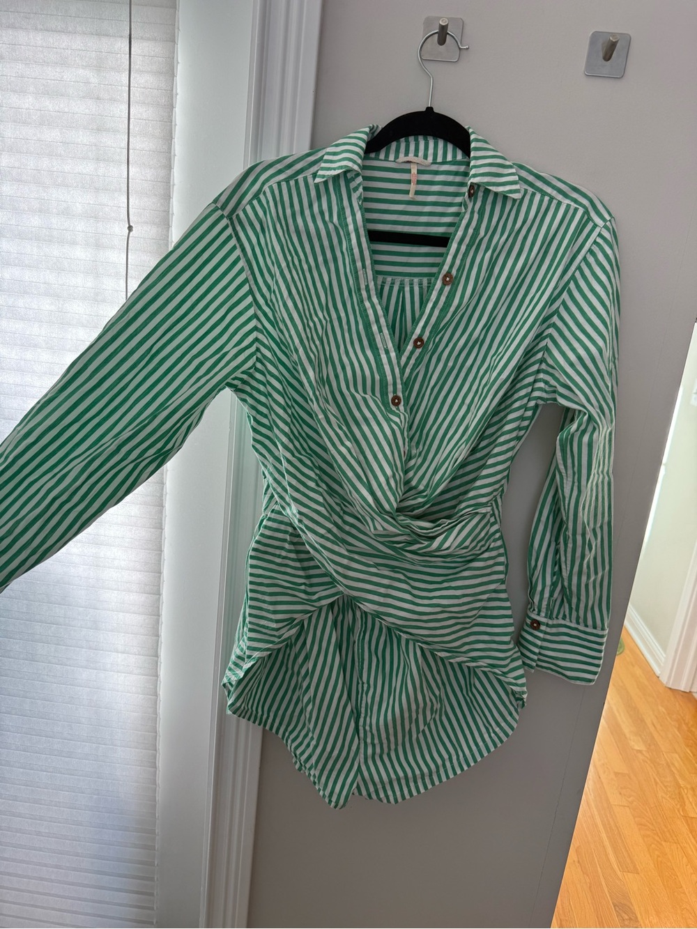 Free People Green and White Striped Twist-Front Button-Down Shirt